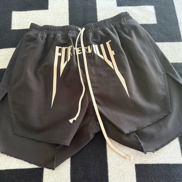 Rick Owens Black Athletic Shorts with Cream Graphic